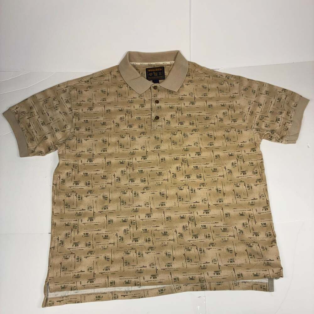 Woolrich Men Vintage Short Sleeve Polo Shirt Tan Geometric Pattern XL